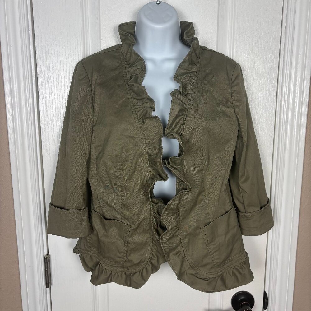 Talbots Women's Khaki Ruffled Pockets 3/4 Rolled Sleeve Hook Closure Jacket Sz 6